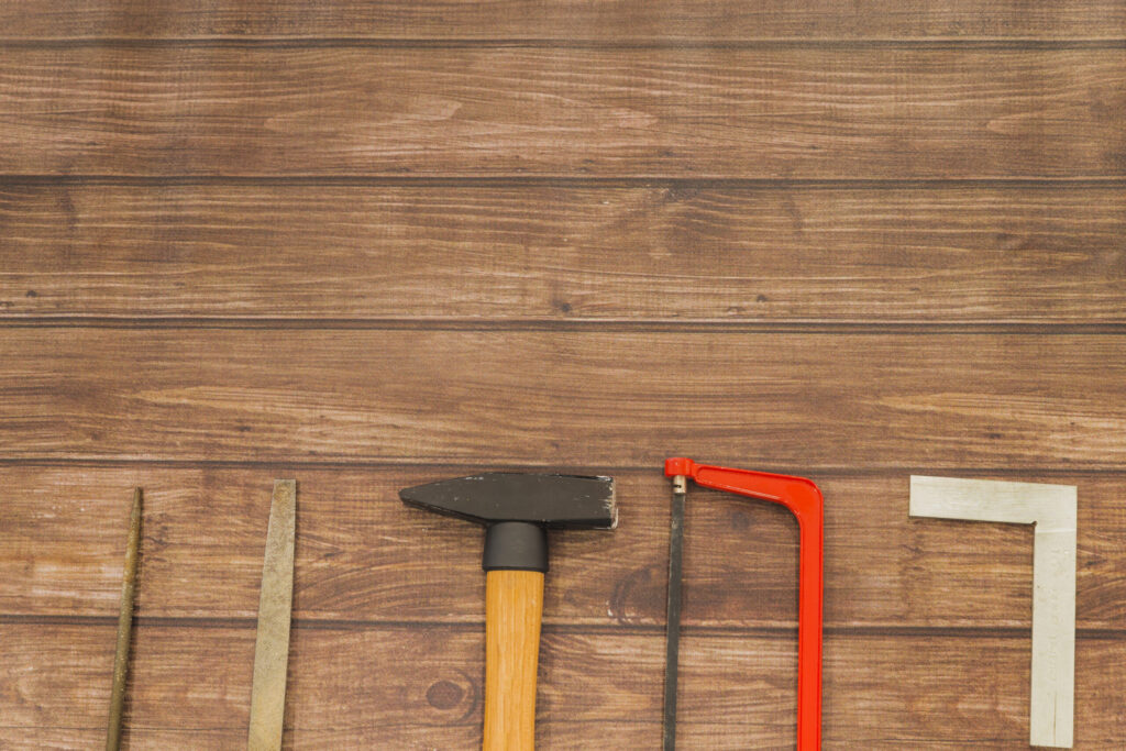 flat lay composition tools for hardwood floor repair